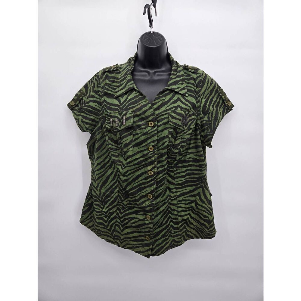 Vintage Tripp NYC Zebra Print Button Down Green Army Ammo Size 2